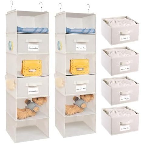 Étagère à 6 niveaux avec 2 tiroirs, beige