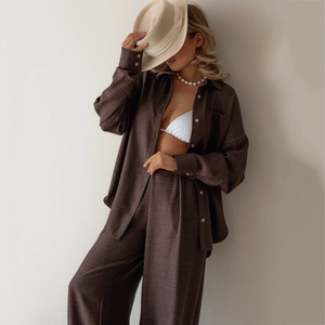 Enyami Casual 2 pezzi abiti da donna Casual set da salotto a maniche lunghe con bottone e camicetta pantaloni a gamba larga set tuta da ginnastica - Product Image 4