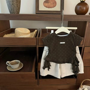 Baby Girls Summer T-shirt And Linen Pants Set Breathable Thin Chestnut Mochi Polka Dot Design With Label - Product Image 1