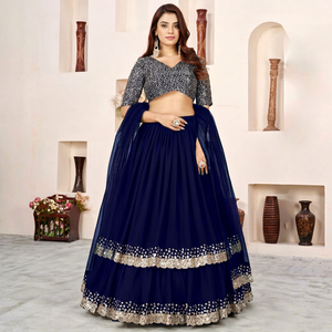 Navy Blue Lehenga Choli Set <b>Silver</b> Sequin Lace Border Flowy Wedding Outfit Women - Product Image 1