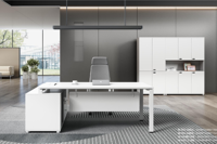 Bureau de direction JUOU convertible, extensible, modulaire, en forme de L, panneau en bois blanc, design moderne et écologique, pieds en métal, ISO