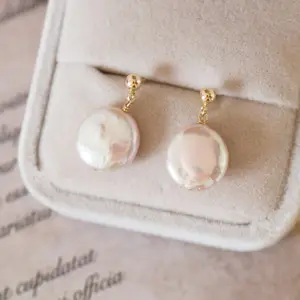 Gold plated stud fresh water cultured natural white AAA baroque pearl earings coin silver 925