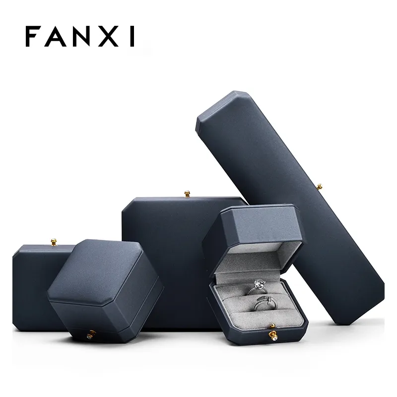 FANXI octagonal shape jewelry box dark grey Pu leather Jewelry Packaging Box snap button Jewelry Box Packaging