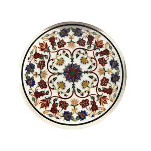 Table d'appoint ronde et octogonale en marbre blanc de luxe fabriquée à la main, design moderne avec pierres semi-précieuses incrustées pour le salon - Product Image 2