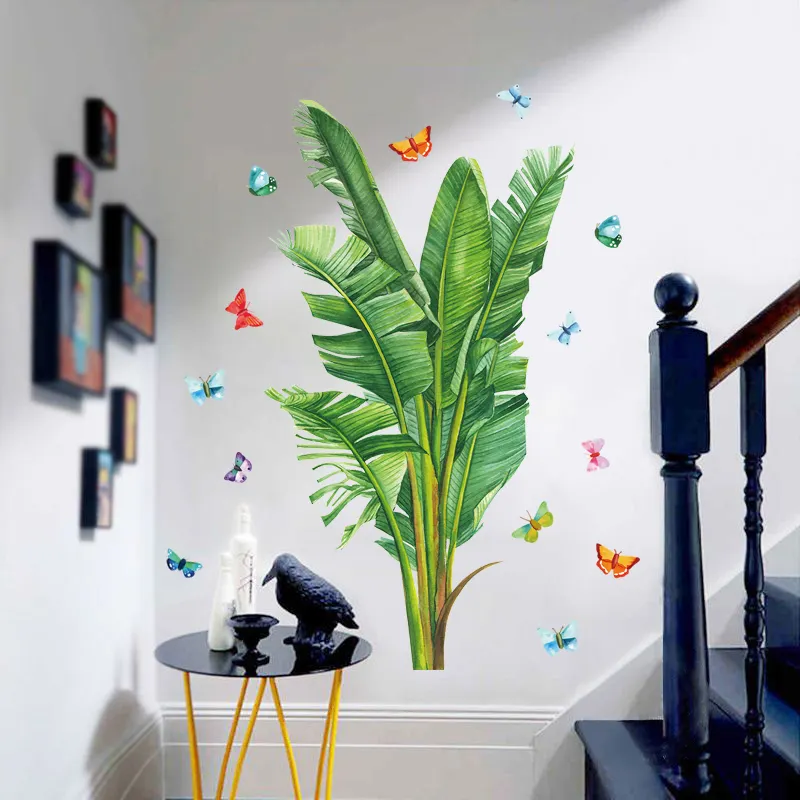 Autocollants muraux plantes tropicales multicolores, pièces, grandes feuilles vertes, avec papillons colorés, papier peint auto-adhésif, décor moderne pour la maison