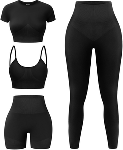 Ensemble de yoga 4 pièces Tendances Classiques Noir Taille haute Sans couture Crop top Leggings Shorts Bretelles Longueur intégrale Extensible dans quatre directions - Product Image 2