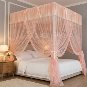 มุ้งกันยุงแบบตั้งพื้นลายลูกไม้สไตล์เจ้าหญิง ผ้าแจ็คการ์ด สำหรับใช้ในบ้าน สามประตู พร้อมเสา<span class=keywords><strong>ภายนอก</strong></span> ป้องกันฝุ่นแบบพระราชวัง - Product Image 1