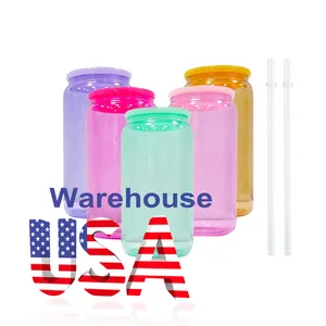 USA Warehouse 16oz sublimasi kosong transparan permen Jelly kaca bir dapat cangkir berwarna dengan tutup plastik dan sedotan