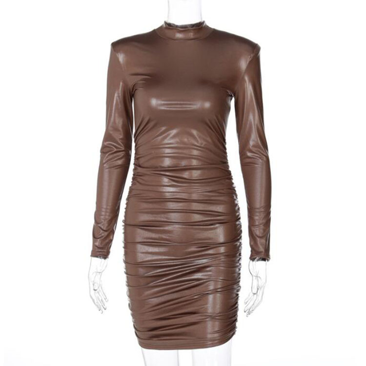 Pu Leather Mini Dress - Ruched Turtleneck Bodycon Long Sleeve Casual Club  Dress for Autumn Winter Party