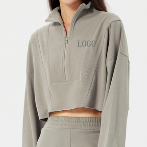 Usine Design français éponge coton demi-fermeture éclair sweat femmes blanc recadrée ourlet brut sweats - Product Image 1