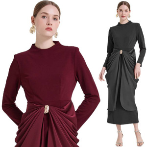 Vestido de Noche de Color Sólido con Pliegues, Cintura Imperio, Cuello Redondo, Manga Larga, Falda Maxi con Abertura, Ecológico, Moderno y Elegante - Product Image 5