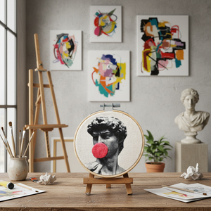 Cuadro bordado artesanal moderno de arte pop para colgar en la pared, 10 cm, bambú, algodón orgánico, diseño 3D de chicle - Forma de David Michelangelo - Product Image 3