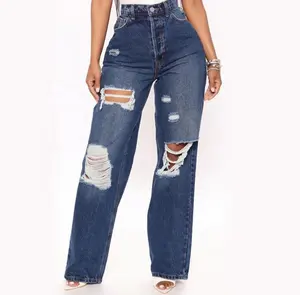 2024 New Online Europe And United States High Waisted Hole Loose Straight Plus Size Women's Jeans Y2K