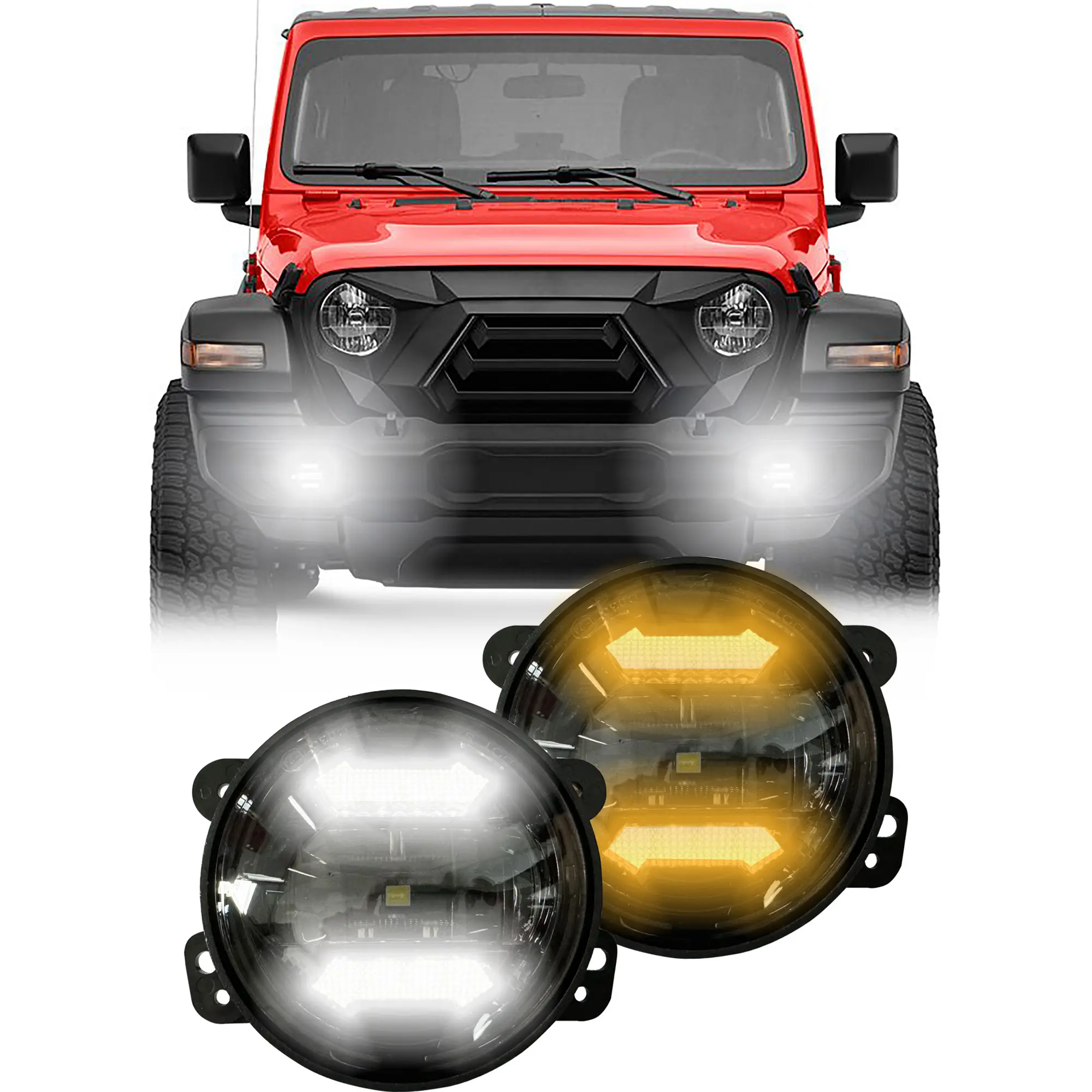 Neues Design 4-Zoll-LED-Nebelscheinwerfer für Jeep Wrangler JL 2018, DOT-konform, 4-Zoll-Rundnebellampen mit DRL und Turn Signa