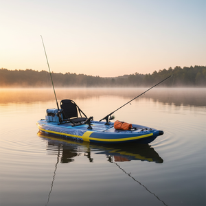 E SUP Planche de Pêche Gonflable Robuste avec Porte-Cannes, Nez Anti-Vagues, Trois Chambres d'Air, Étanche, Pliable, 1680D, Sac à Roulettes et <span class=keywords><strong>Pompe</strong></span> - Product Image 1