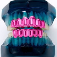 Ensemble de grillz dentaires rose brillant à 6 dents, style Hip Hop, pour dents supérieures et inférieures, unisexe, pour rappeurs, bijoux de corps pour fête d'Halloween, vente en gros