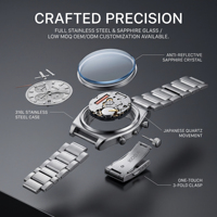 Montre chronographe pour homme avec logo personnalisé, boîtier en acier inoxydable, cadran argenté, étanche, avec fenêtre de date, mouvement à quartz