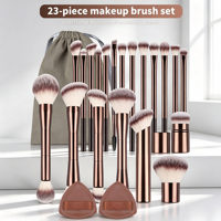 Kit de pinceaux de maquillage double embout de luxe, tubes en aluminium or rose, poils doux dégradés avec étui en cuir PU