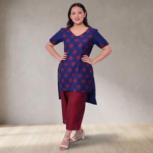 Women's Dhaka Casual Summer <b>Linen</b> Crepe Loose Fit Bow Collar Logo <b>Top</b> Pant Daily Wear Short Uneven Front/Back Parallel Navy - Product Image 3