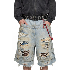 Shorts en jean pour hommes à double taille, très déchirés et usés, coupe brute, jambe large, délavé vintage, style streetwear - Product Image 5