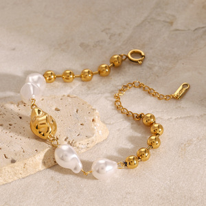 Baroque Style 18K PVD <b>Gold</b> Stainless Steel <b>Beaded</b> <b>Bracelet</b> with Pearl Baroque for Women | Waterproof Hypoallergenic & Non-Fading - Product Image 5