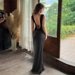 Vestido Largo de Satén con Escote Profundo en V para Mujer, Diseño de Espalda Descubierta con Parches de Encaje y Lazos, Elegante y Sexy Vestido Largo sin Mangas para Capas Interiores de Moda - Product Image 6