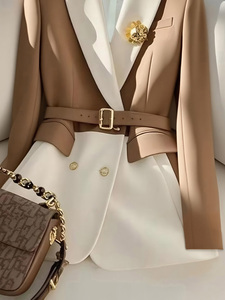 Blazer de mujer de doble botonadura con cuello en V, manga larga, bloques de color, antiarrugas, de terciopelo, poliéster/algodón - Product Image 3