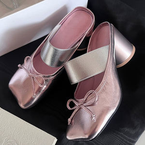 Zapatillas de tacón <span class=keywords><strong>medio</strong></span> redondo de moda, <span class=keywords><strong>sandalias</strong></span> de punta cuadrada para <span class=keywords><strong>mujer</strong></span>, zapatos de vestir sin cordones con tira elástica, mules con lazo frontal. - Product Image 5