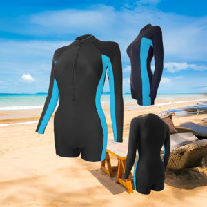 ชุดว่ายน้ำแขนยาวมีซิปรูดสำหรับผู้หญิงผ้าสแปนเด็กซ์/ ไนลอนสีดำสีน้ำเงินลายทางสปอร์ตชิค SPF50พร้อมแสงแดด + ป้องกัน UV - Product Image 3