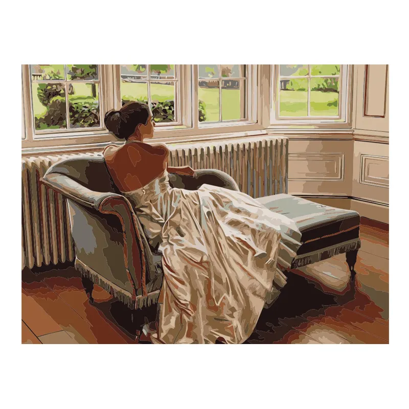A pintura a óleo A mulher no vestido superior tubo branco deitado no sofá na frente da janela Diy pintura decorativa sobre tela