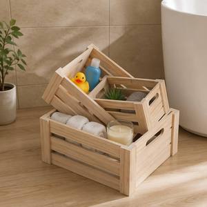 Ensemble <span class=keywords><strong>de</strong></span> 3 caisses <span class=keywords><strong>de</strong></span> rangement emboîtables en bois massif à lattes, avec poignée découpée, style rustique et décoratif pour <span class=keywords><strong>salle</strong></span> <span class=keywords><strong>de</strong></span> <span class=keywords><strong>bain</strong></span> - Product Image 1