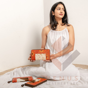 High Quality Women's Genuine Leather Purse Wallet Fashionable Long Design Clutch Bag with Open Closure and Decorative Feathers - Product Image 5