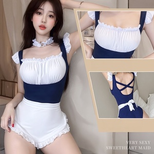 Body de lencería sexy para mujer, talla grande, con volantes, cuello de encaje blanco y azul marino, de spandex y nailon. - Product Image 3