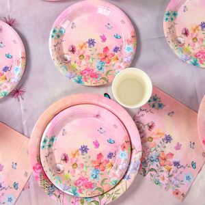 Ensembles <span class=keywords><strong>de</strong></span> vaisselle jetable personnalisée à fleurs florales pour fêtes Assiettes en <span class=keywords><strong>papier</strong></span> Tasses à serviettes Thème princesse rose Ensembles d'assiettes pour fêtes d'<span class=keywords><strong>anniversaire</strong></span> - Product Image 3