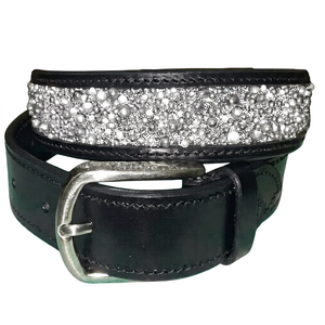 Cinturón de cuero negro para fiesta con incrustaciones de diamantes de imitación, hebilla de acero, patrón sólido, accesorio formal. - Product Image 1