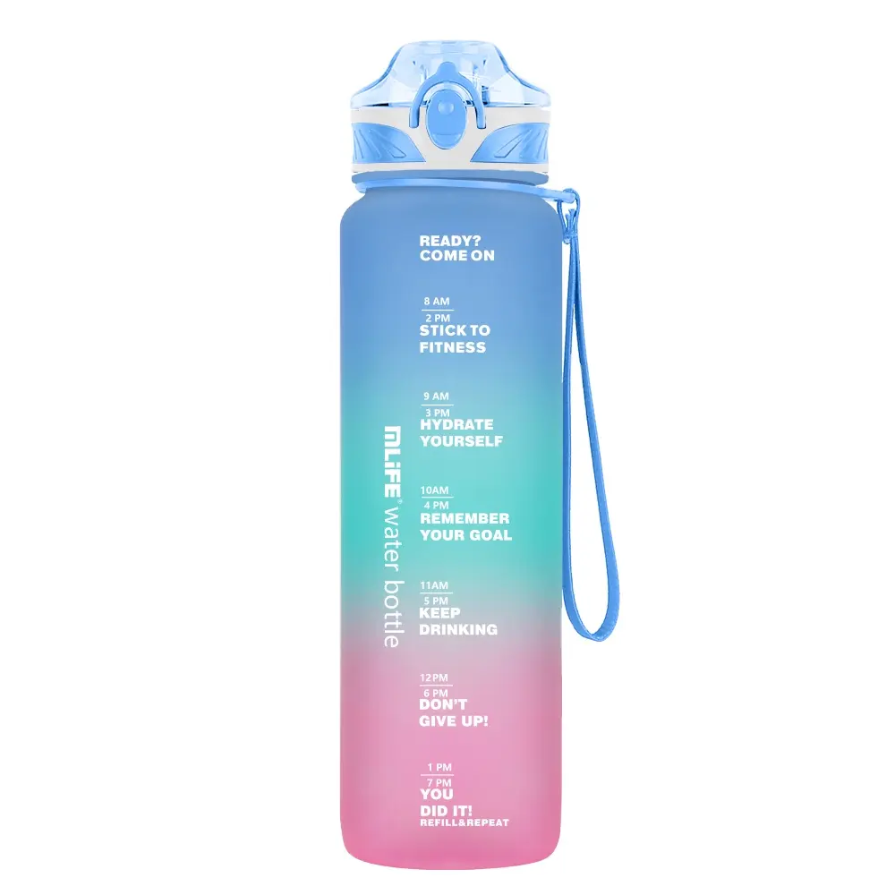2023 New 3 ombre colors frosted 2 ways lid 1000ml motivational plastic sports water bottles