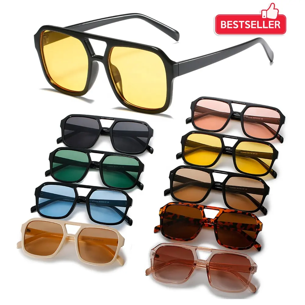 Lunettes de soleil tendance, meilleures ventes, logo personnalisé, double pont en plastique surdimensionné jaune teinté, lunettes de soleil d'aviation, nouvelle collection 2023