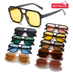 2023 New Arrival top seller trending Sun Glasses custom logo double bridge plastic oversized yellow tinted aviation sunglasses