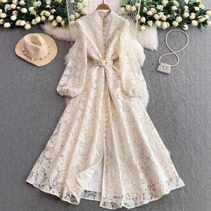 Robe midi vintage décontractée d'été pour femme, durable, respirante, lavable, en dentelle, coupe trapèze, manches longues, taille empire - Product Image 2