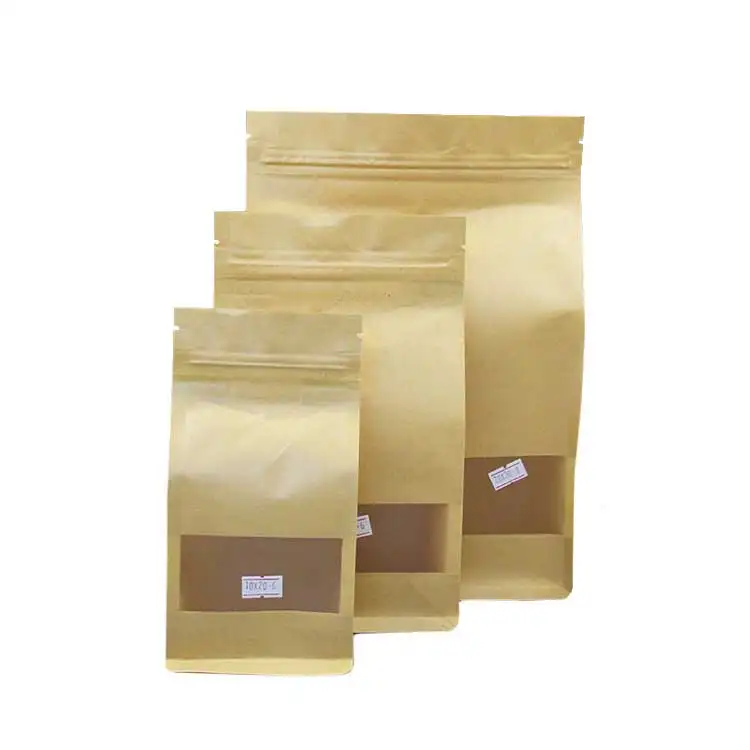 Food Packing Laminated Moisture Water Oil Proof Flat Bottom Stand Up Pouch Coffee Tea Zip Ziplock Kraft Paper Bag With Window
