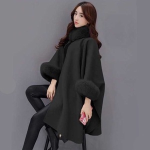 Hot Selling Autumn and <strong>Winter</strong> Large Fur Collar Mid Length <strong>Woolen</strong> Coat Cloak <strong>Shawl</strong> Loose Solid Color Sweet Casual Women's Coat