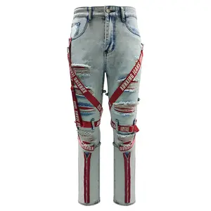Новинка 2021, высококачественные мужские джинсы, модные рваные джинсы с нашивками, узкие маленькие джинсы на молнии