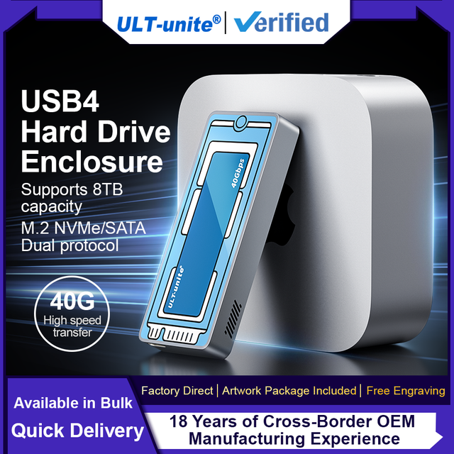 ULT-unite Aluminum Glass 8T Capacity 40Gbps M.2 NVMe USB4 Universal External Hard Drives Enclosure Laptop Compatible
