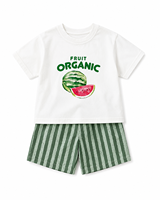 Nouvel ensemble d'été 2026 pour garçons, imprimé pastèque, t-shirt 100 % coton et short rayé vert, tenue décontractée mignonne 2 pièces pour enfants, vente en gros OEM