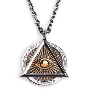 The Devil Eyes Hexagon Masonic Stainless Steel Necklace for Men Skull Sided Pendant