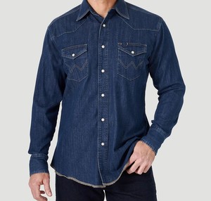 Camicia da Lavoro in Denim per Uomo, Manica Lunga, Stile Western, 100% Cotone, Traspirante e Antivento, Collo Classico, Blu Scuro - Product Image 1