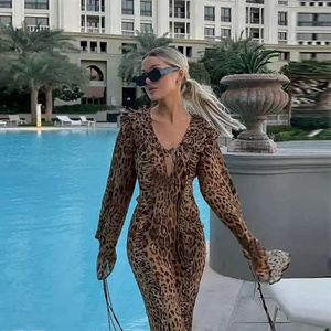 Abito lungo da donna in Chiffon con stampa leopardata Sexy con volant e spacco anteriore a manica lunga abito Casual con corda sottile - Product Image 3