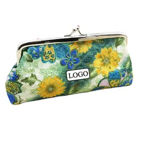 Carteira de logotipo personalizada, carteira feminina bordada vintage estilo longo de algodão, bolsa de moedas, bolsa de mão, para celular