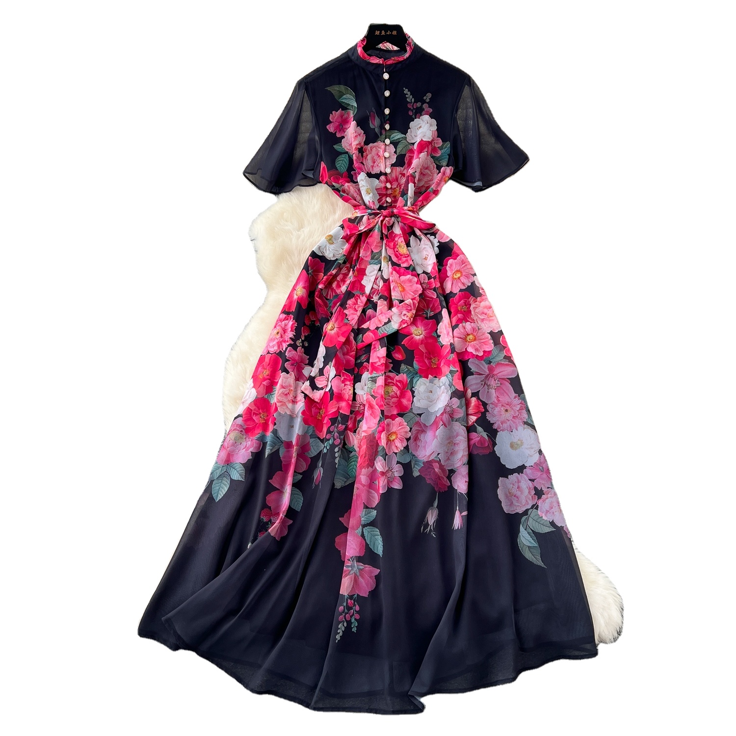 2025 New Holiday Style Dress Women's French Print Chiffon Long Dress|  Alibaba.com