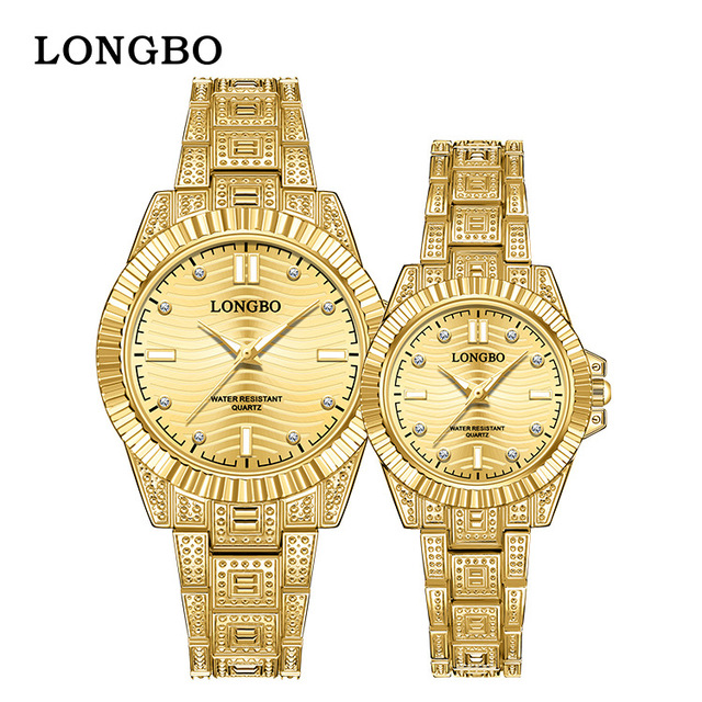 LONGBO 83611 Quartz Watches Waterproof Luminous Stainless Steel Calendar Full Diamond Gold Design Luxury Wristwatch for Couple